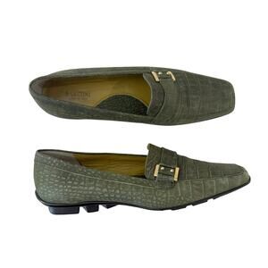 Rangoni Green Leather Croc Loafer Size 9.5 Driving Shoes Brass Buckle Italy